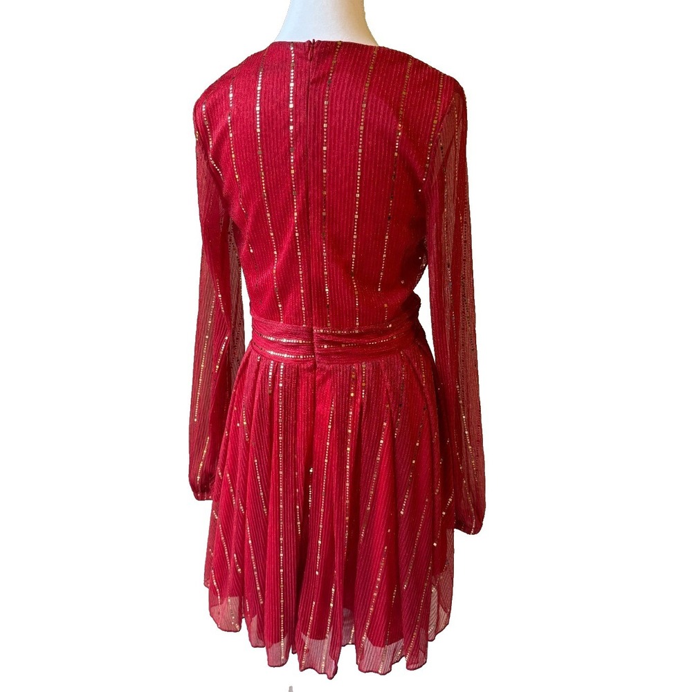 Chic Me Red Gold Sequin Stripe Dress Large V-Neck Long Sleeve Pleated Holiday - Picture 2 of 11